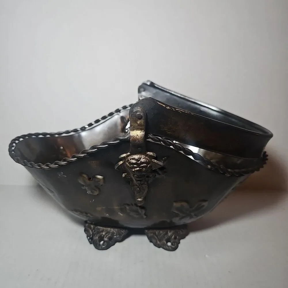 Antique Vintage Decorative Brown Metal Basket Embossed Leaves Handle